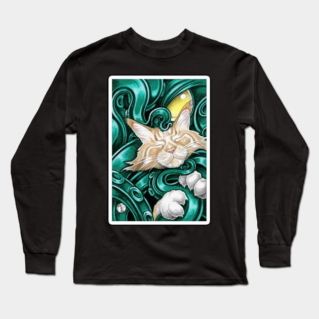 Cthulhu and Ginger Cat Friend - White Outlined Version Long Sleeve T-Shirt by Nat Ewert Art